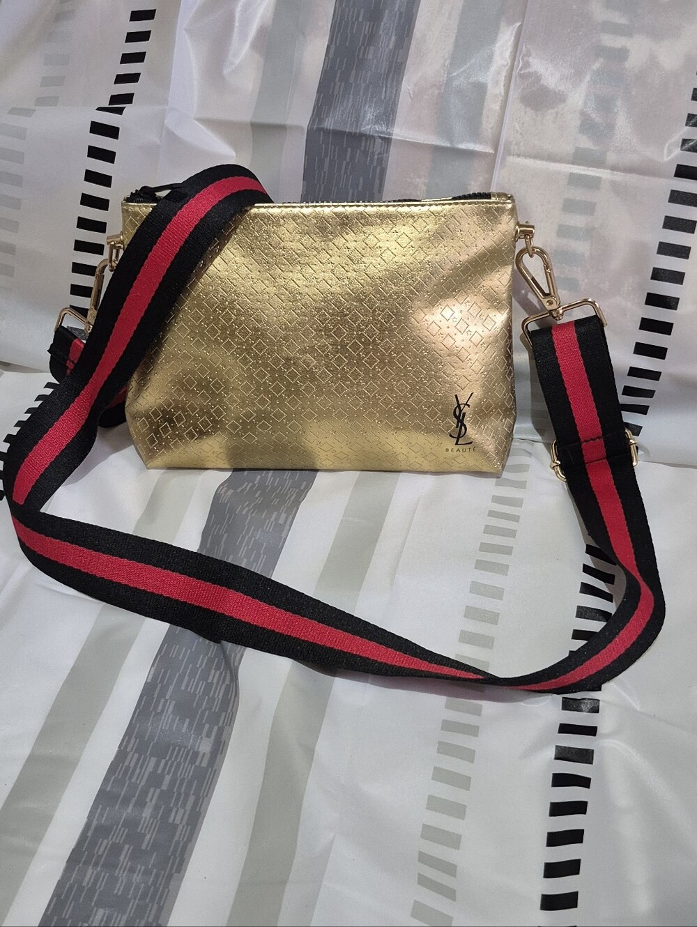 Yves Saint Laurent Gold Cosmetic Pouch with Adjustable Stripe Strap